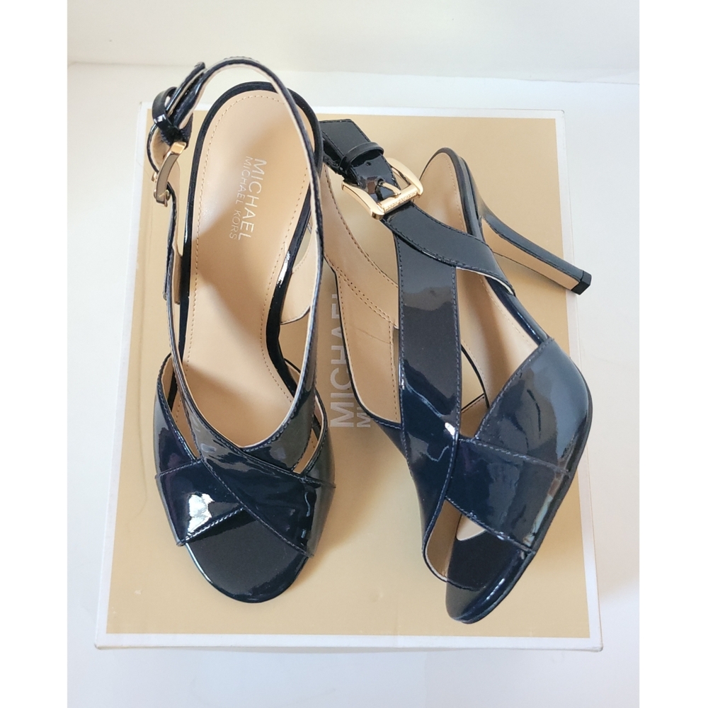 New! MICHAEL KORS Women's Patent Leather Slingback Sandals Size 6 Dark Navy Blue - Picture 3 of 10